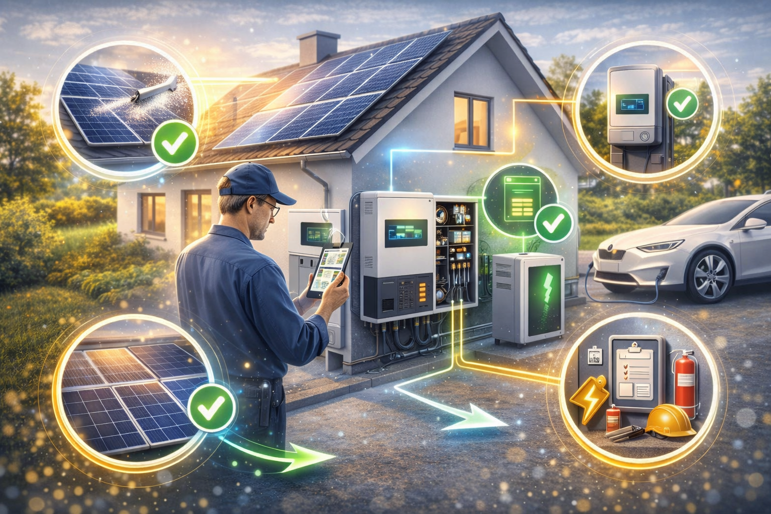 Techniker prüft Photovoltaikanlage auf einem Dach