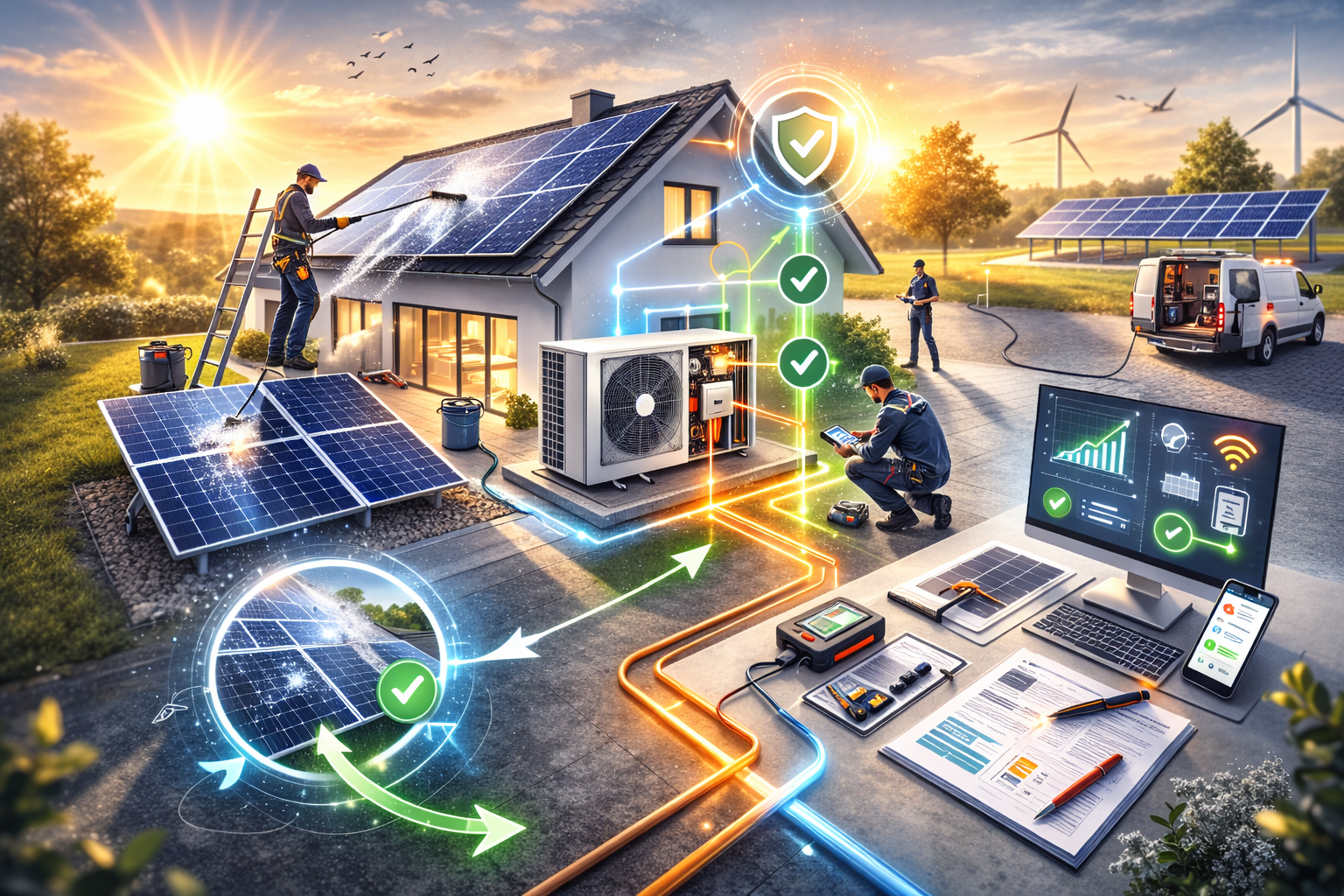 Techniker reinigt Solarmodule und prüft Anlage