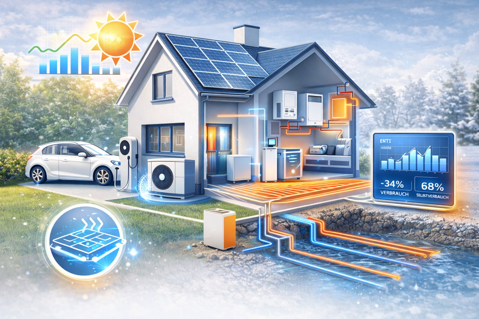 Außeneinheit einer Luft/Wasser Wärmepumpe am Einfamilienhaus